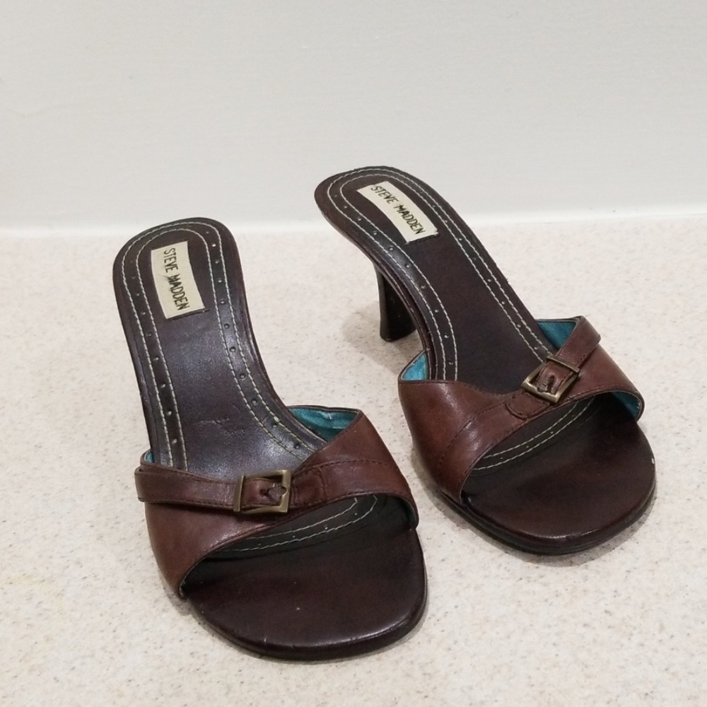 Steve Madden women's brown leather 3" heel mules